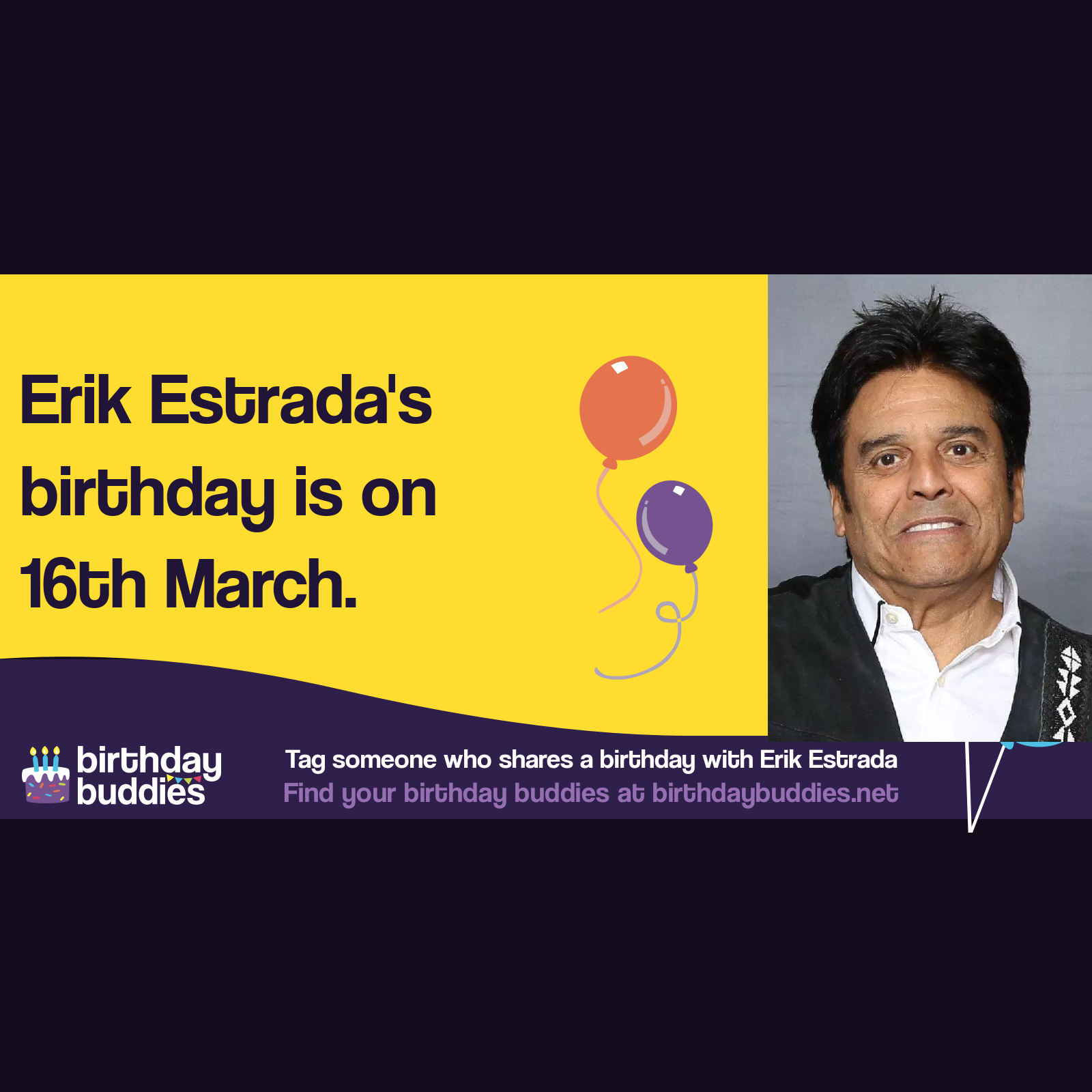 Erik Estrada's birthday is 16th March 1949